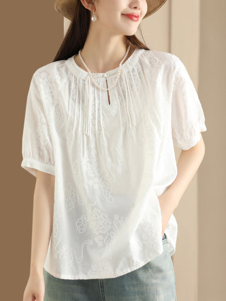 Women Artsy Solid Jacquard Shirred Cotton Loose Shirt XX1018 Ada Fashion