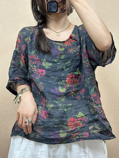 Women Summer Vintage Flower O-Neck Ramie Shirt PP1018 BUYKUD