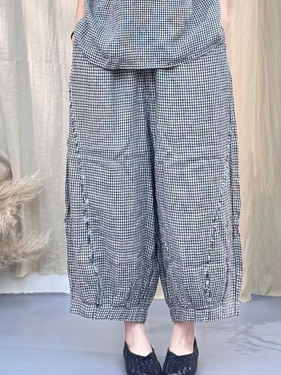 Plus Size Women Vintage Lattice Summer Cotton Linen Suits IO1030 Ada Fashion