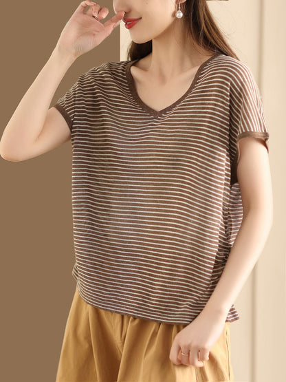 Women Summer Casual Stripe V-Neck Shirt AA1013 Ada Fashion