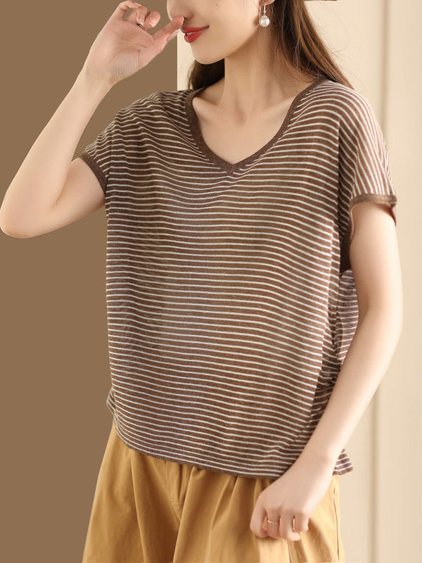 Women Summer Casual Stripe V-Neck Shirt AA1013 Ada Fashion