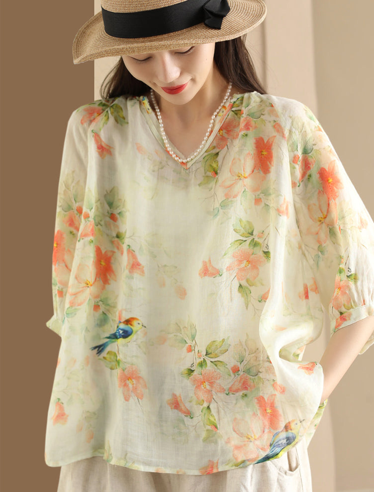 Women Summer Flower V-Neck Ramie Loose Shirt OO1035 ZMMM