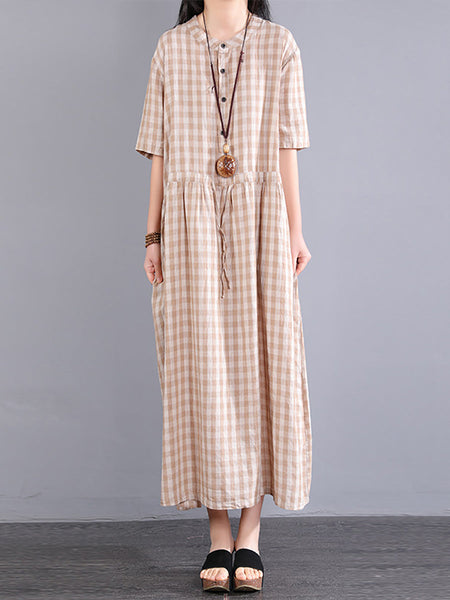 Plus Size Women Casual Plaid Summer Cotton Linen Dress SC1061 Ada Fashion