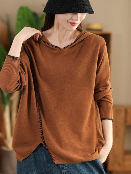 Women Autumn Casual Split Hem Knit Hooded Blouse AI1066 ZMMM