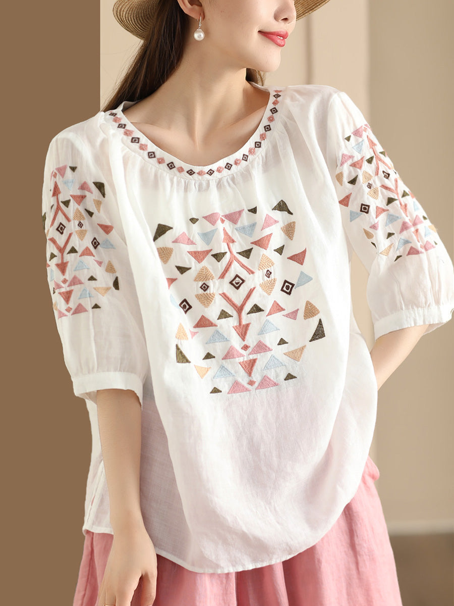 Women Summer Vintage Embroidery O-Neck Ramie Shirt OP1042 BUYKUD