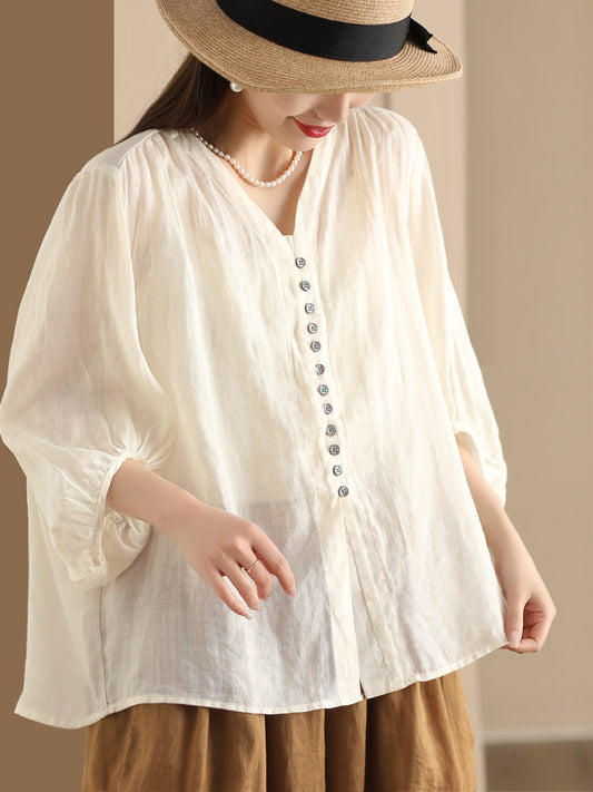 Plus Size Women Casual Summer Solid Button-up Ramie Shirt PA1038 Ada Fashion