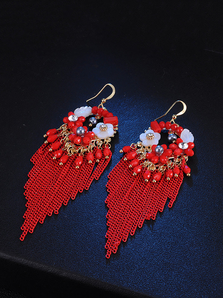 Bohemia Women Tassel Bead Flower Alloy Earrings FD011 YMR