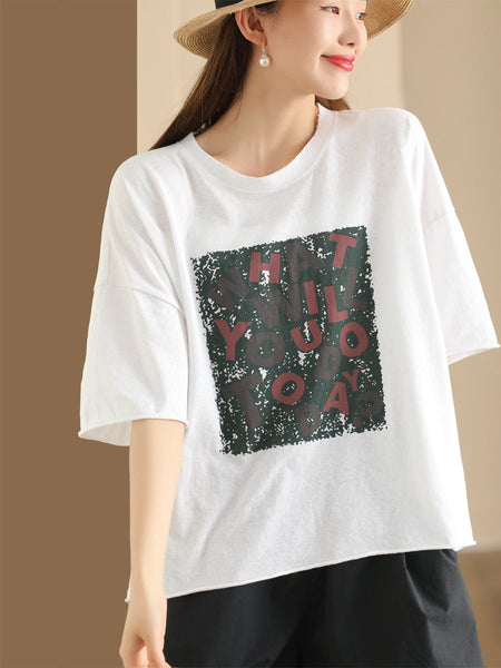 Women Summer Casual Print O-Neck Loose Cotton Shirt ZZ1054 Ada Fashion