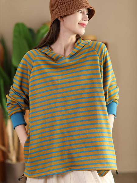 Women Casual Autumn Stripe Colorblock Hooded Sweatshirt AI1025 ZMMM
