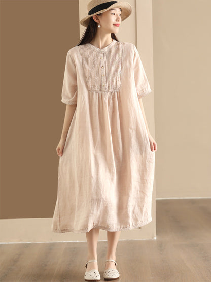 Women Summer Casual Solid Shirred Button Linen Dress HH019 LN