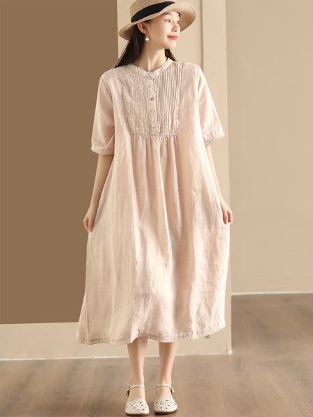 Women Summer Casual Solid Shirred Button Linen Dress HH019 LN