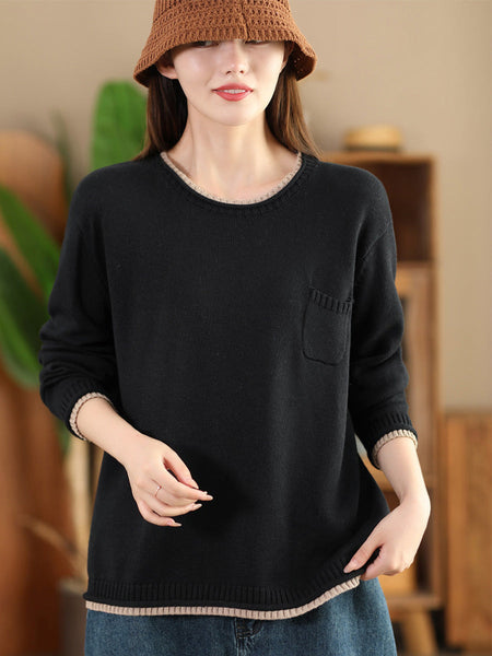 Women Autumn Casual Colorblock O-Neck Cotton Knit Blouse AI1068 BK