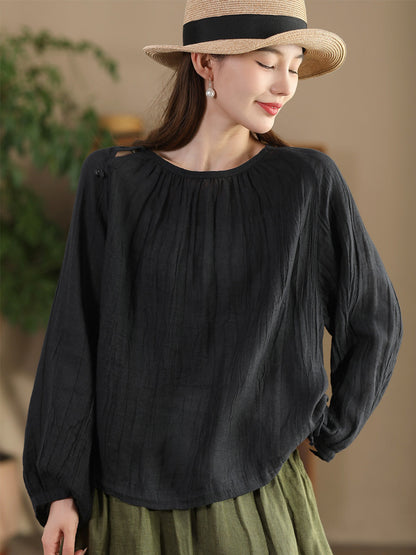 Women Summer Artsy Strap Hem O-Neck Ramie Blouse AS1026 BUYKUD