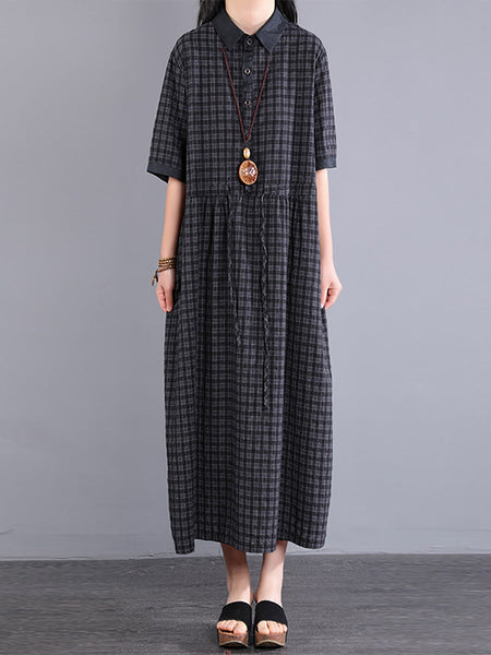 Plus Size Women Artsy Plaid Cotton Linen Dress KL1021 Ada Fashion
