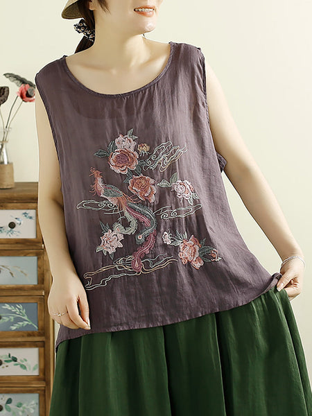 Women Vintage Flower Embroidery Ramie Summer Vest WE1022 Ada Fashion