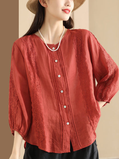 Women Summer Artsy Lace Spliced Ramie Button-Up Shirt II1020 GLL