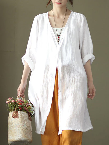 Women Summer Casual Solid Linen Button-up Long Shirt SC1033 Ada Fashion