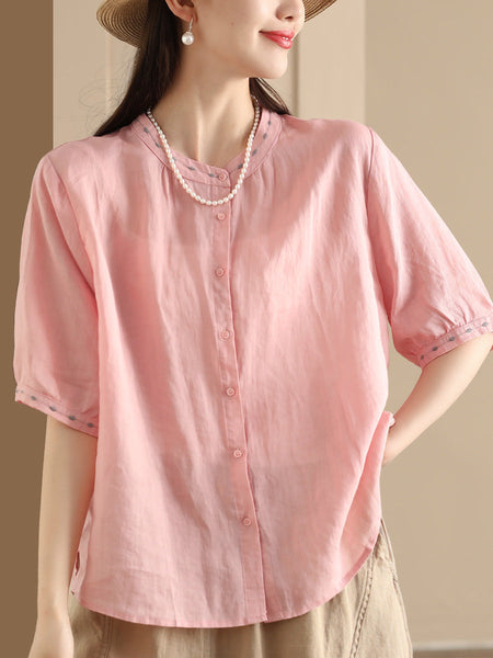 Women Summer O-Neck Embroidery Button-up Ramie Shirt PP1035 BUYKUD