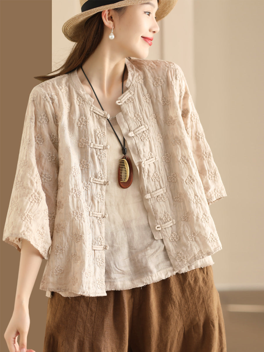 Women Ethnic Flower Jacquard Button-up Ramie Blouse SC1023 Ada Fashion