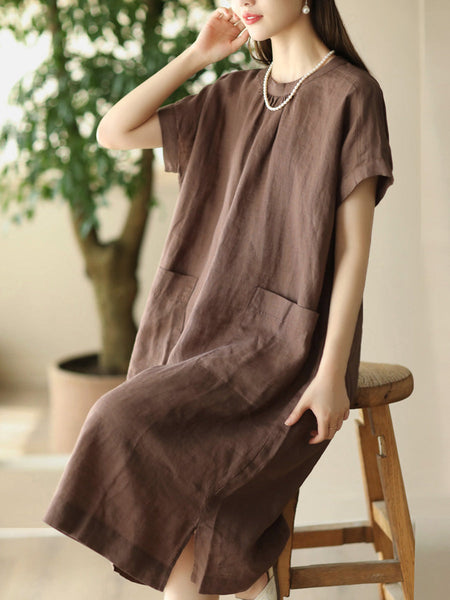 Women Summer Casual Solid Pocket O-Neck Linen Dress FD002 ZMMM