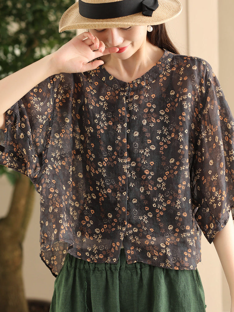 Women Summer Artsy Floral O-Neck Thin Shirt FD023 XJYF