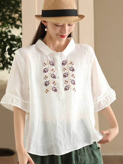 Women Summer Vintage Embroidery Turn-down Collar Ramie Shirt FD017 YDR