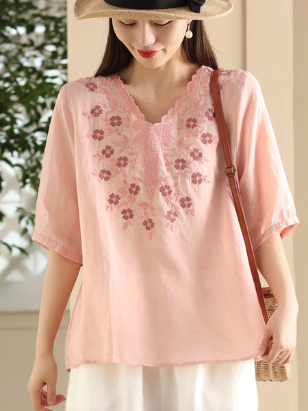 Women Summer Artsy Flower Embroidery Ramie V-Neck Shirt CC030 LPP