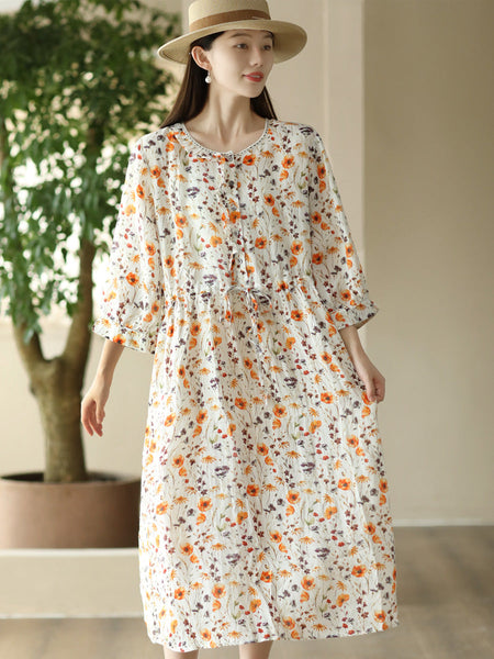 Women Summer Artsy Floral O-Neck Strap Ramie Dress FD010 SHWJ
