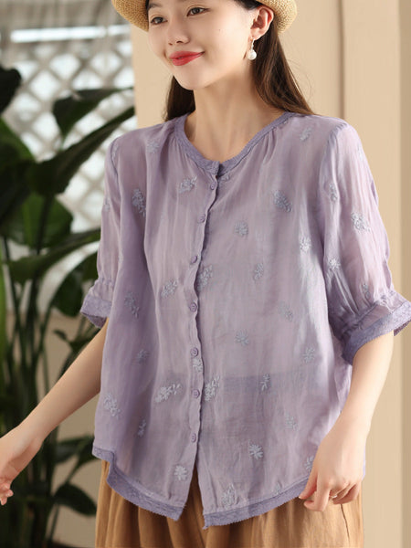 Women Summer Vintage Embroidery Button-up Ramie Shirt CX007 ZMMM