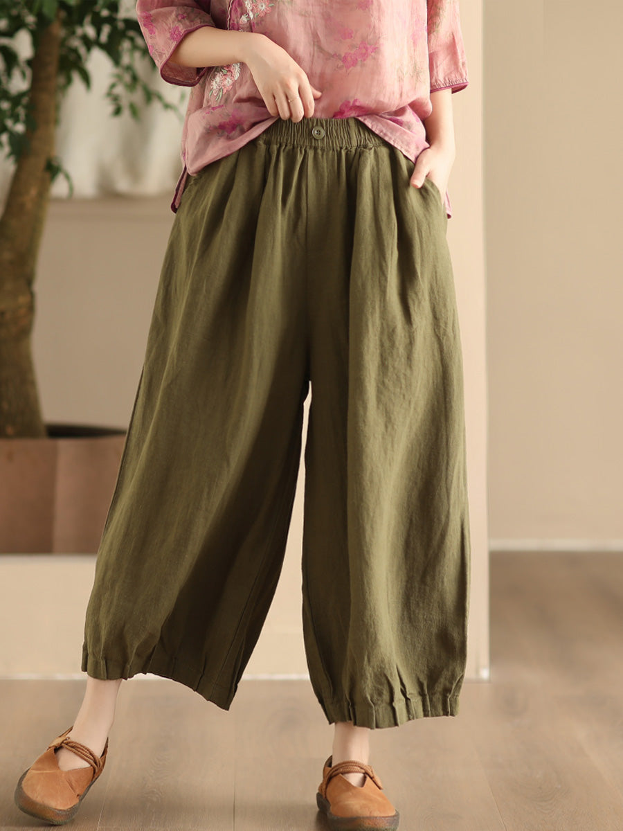 Women Summer Vintage Solid Linen Wide-leg Pants FD038 ZMMM