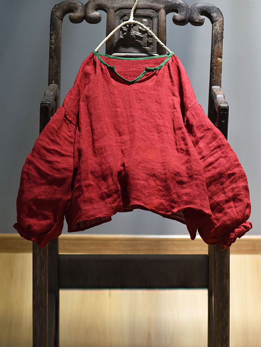 Women Spring Retro V-Neck Puff Sleeve Shirt AV1037 Genistyle Shop