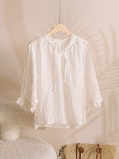 Women Summer Solid Ruffle-Sleeve Ramie Thin Shirt WE1026 Ada Fashion