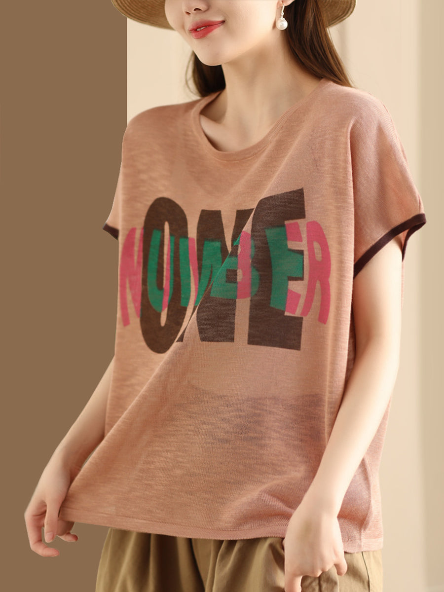 Women Summer Letter Printing Knitted Loose Shirt OP1049 BUYKUD