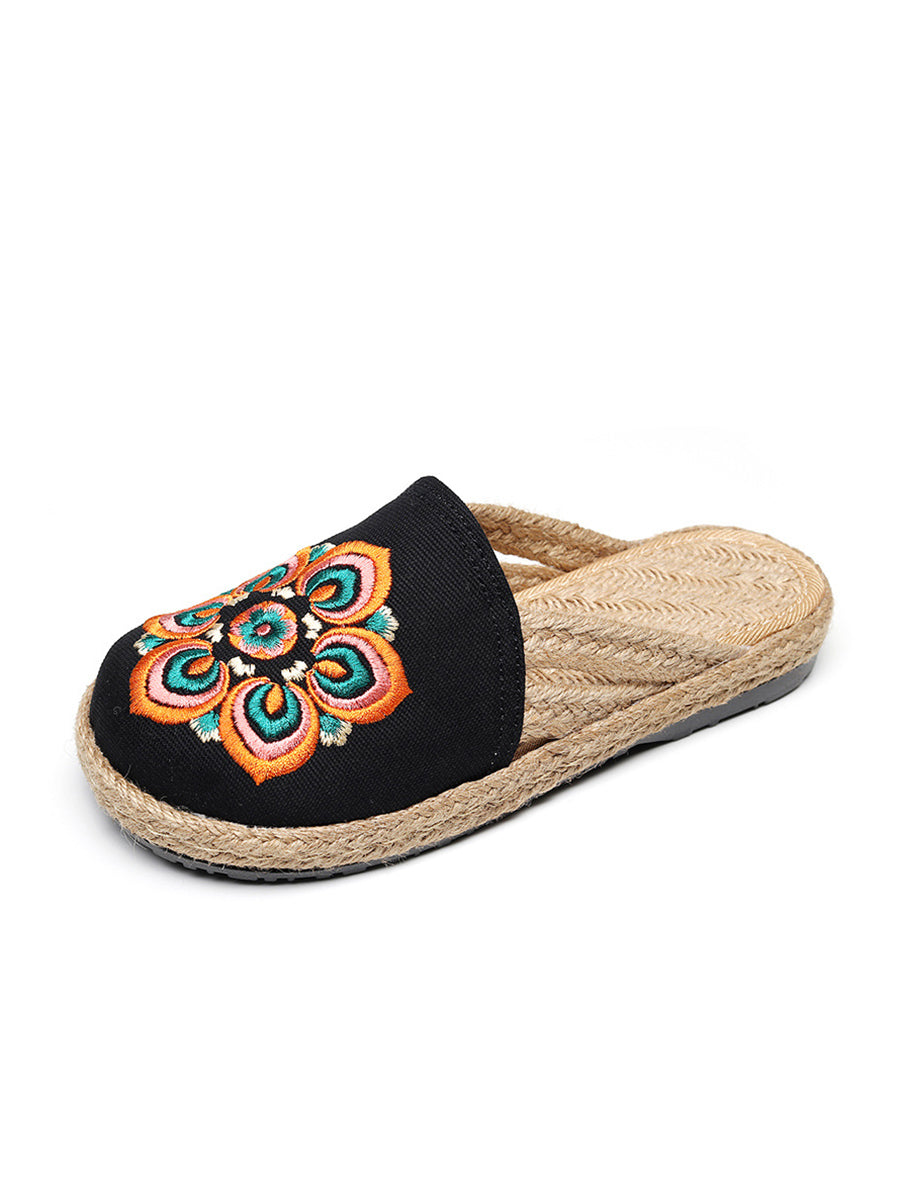 Women Summer Ethnic Flower Embroidert Straw Slippers II1017 TCXY