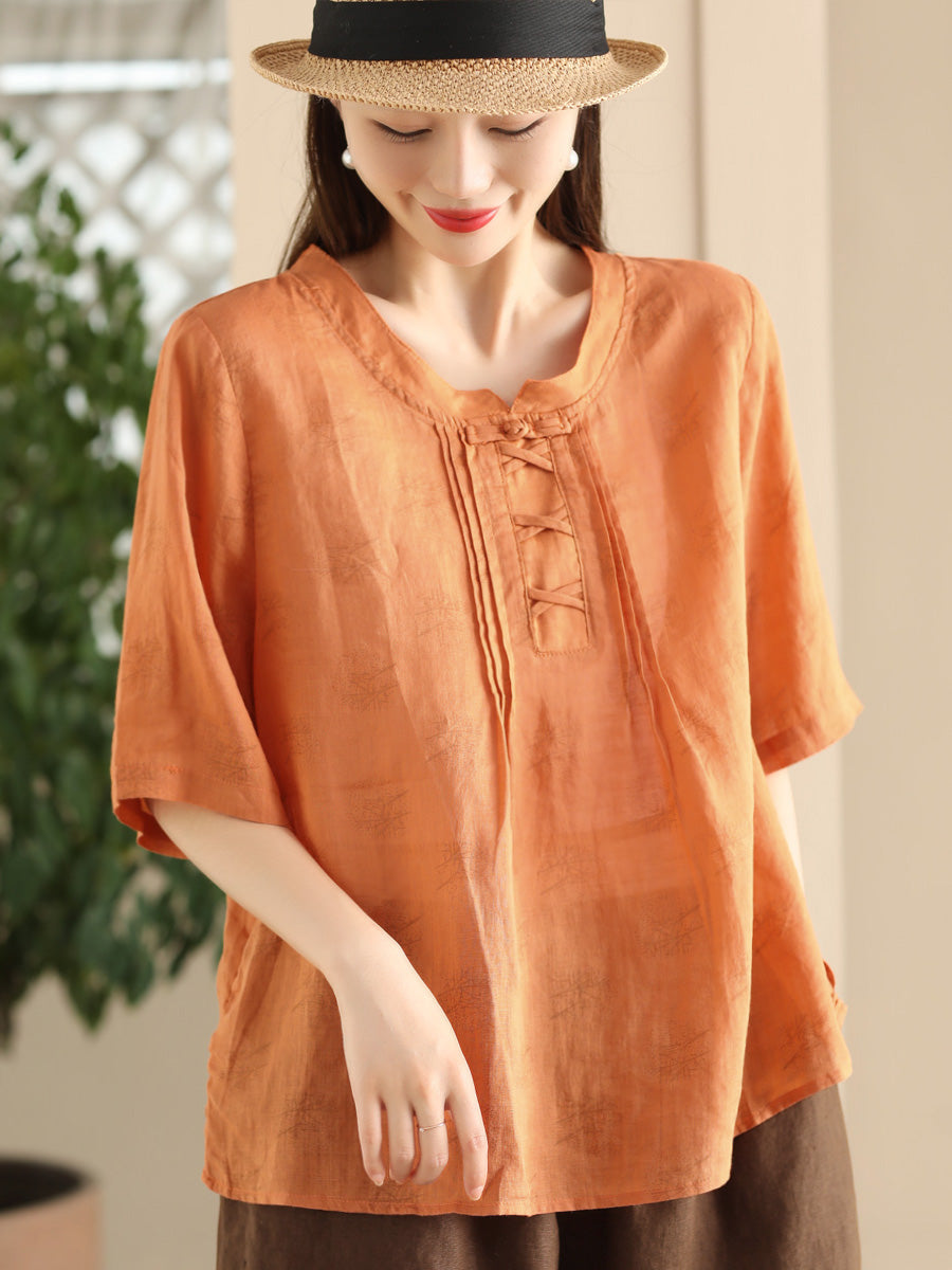 Women Summer Artsy Flower Stand Collar Ramie Shirt LL040 BUYKUD