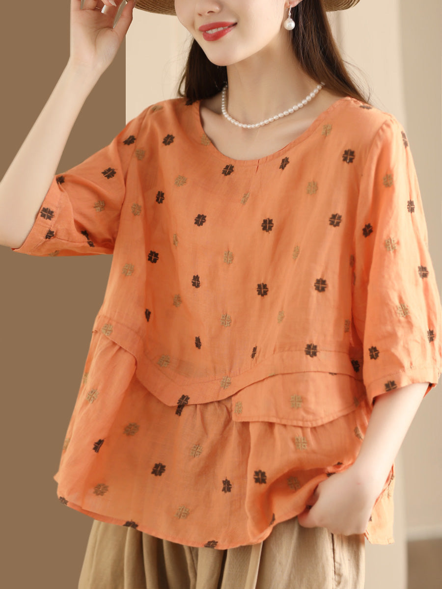 Women Summer Embroidery Spliced Ramie Loose Shirt XX1046 Ada Fashion