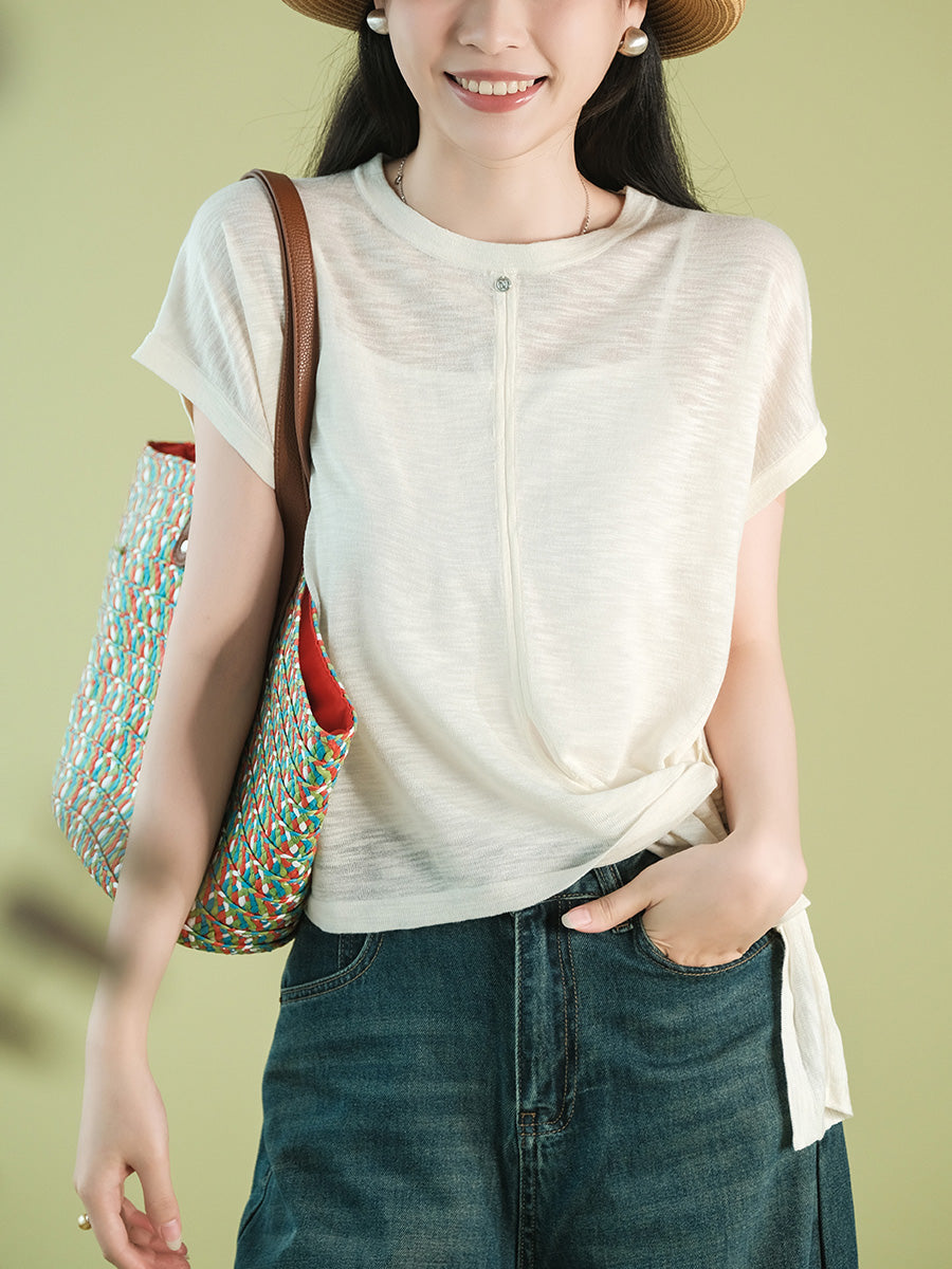 Women Summer Artsy Strap O-Neck Solid Shirt CX005 BUYKUD