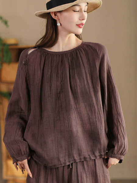 Women Summer Artsy Strap Hem O-Neck Ramie Blouse AS1026 BUYKUD