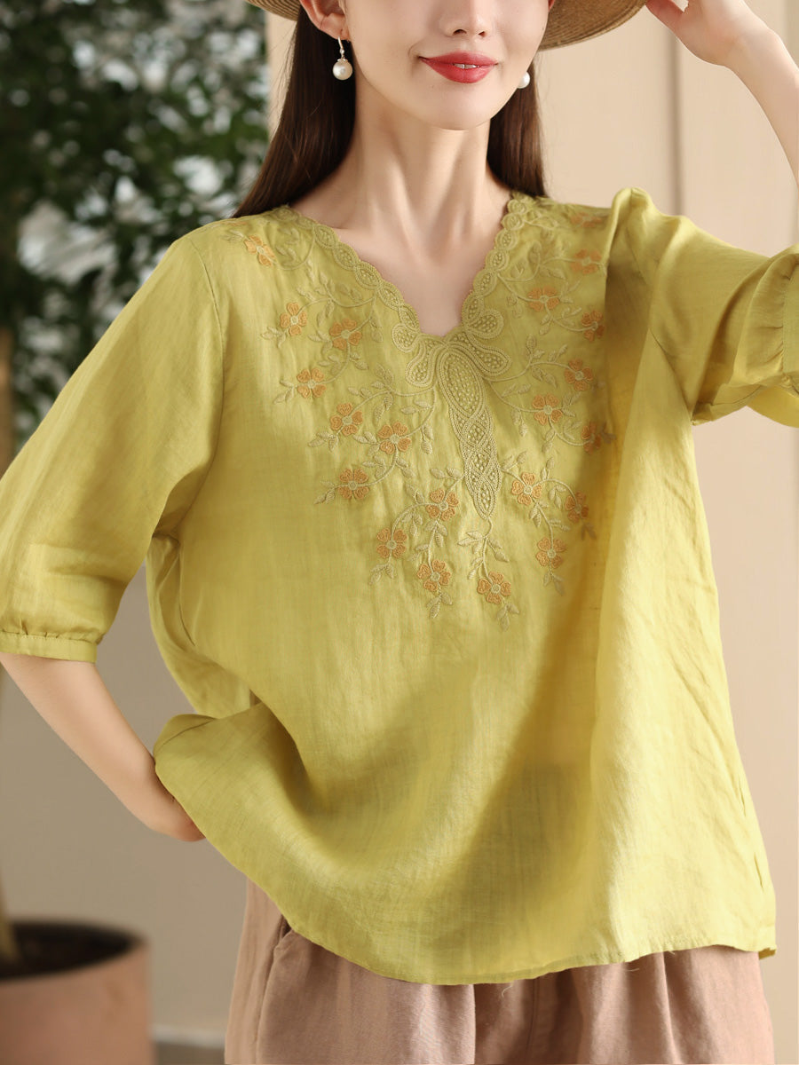 Women Summer Artsy Flower Embroidery Ramie V-Neck Shirt CC030 LPP