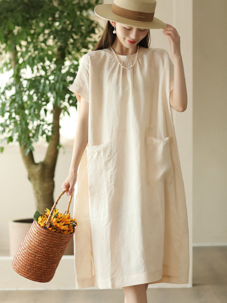 Women Summer Casual Solid Pocket O-Neck Linen Dress FD002 ZMMM