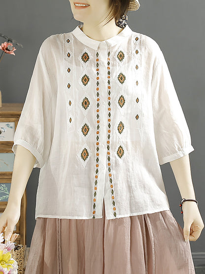 Women Ethnic Rhomboids Embroidery Ramie Button Up Blouse KL1031 Ada Fashion