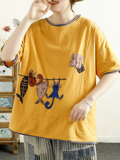 Women Summer Casual Cat Fish Spliced Cotton Shirt CV1038 Ada Fashion