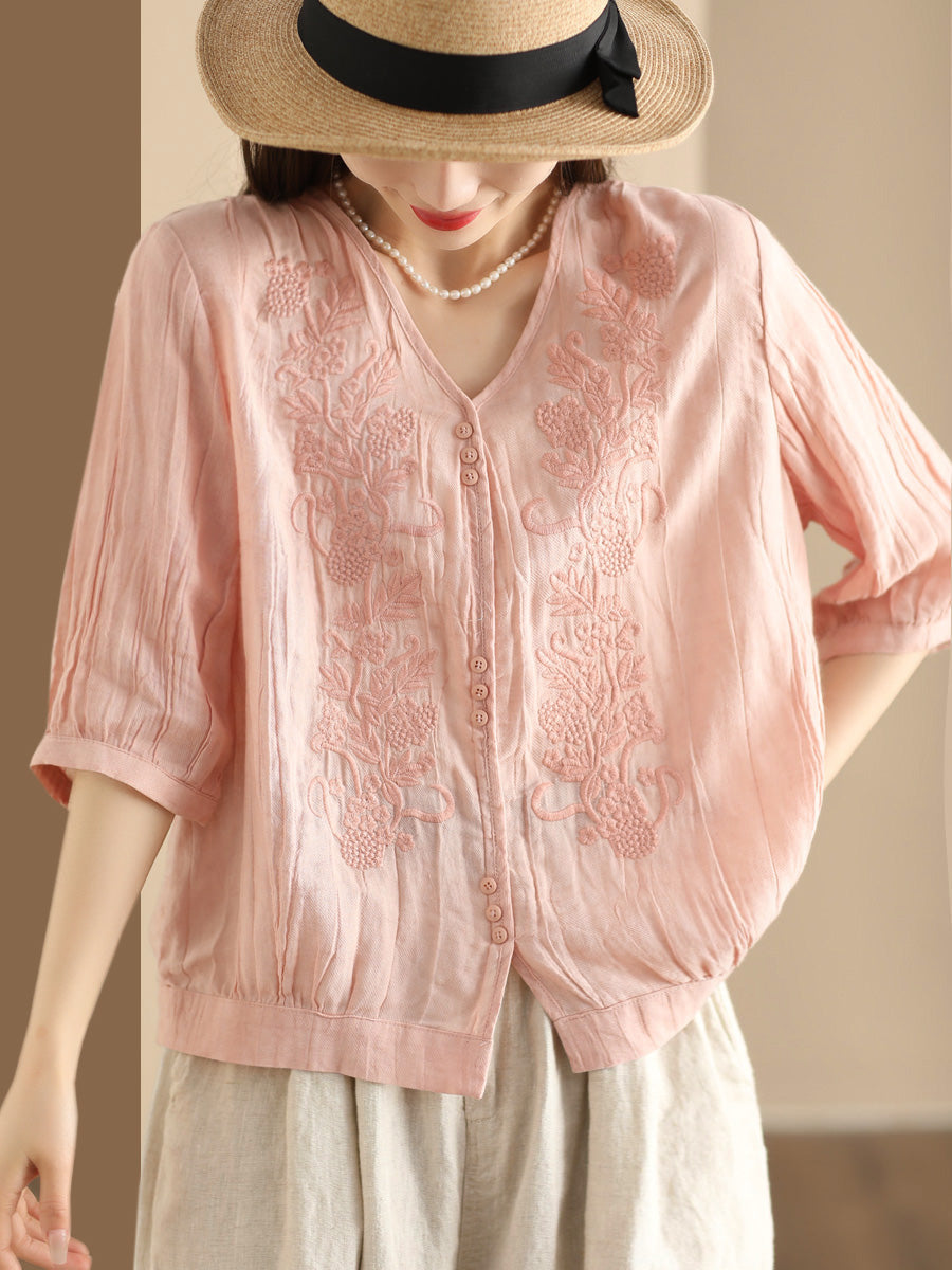 Women Vintage Summer Embroidery V-Neck Ramie Shirt PA1003 Ada Fashion