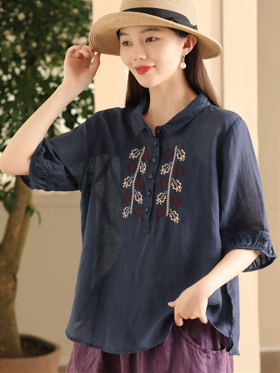 Women Summer Vintage Embroidery Turn-down Collar Ramie Shirt FD017 YDR