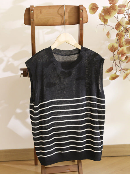 Women Summer Casual Stripe Knitted O-Neck Linen Vest CX004 BUYKUD