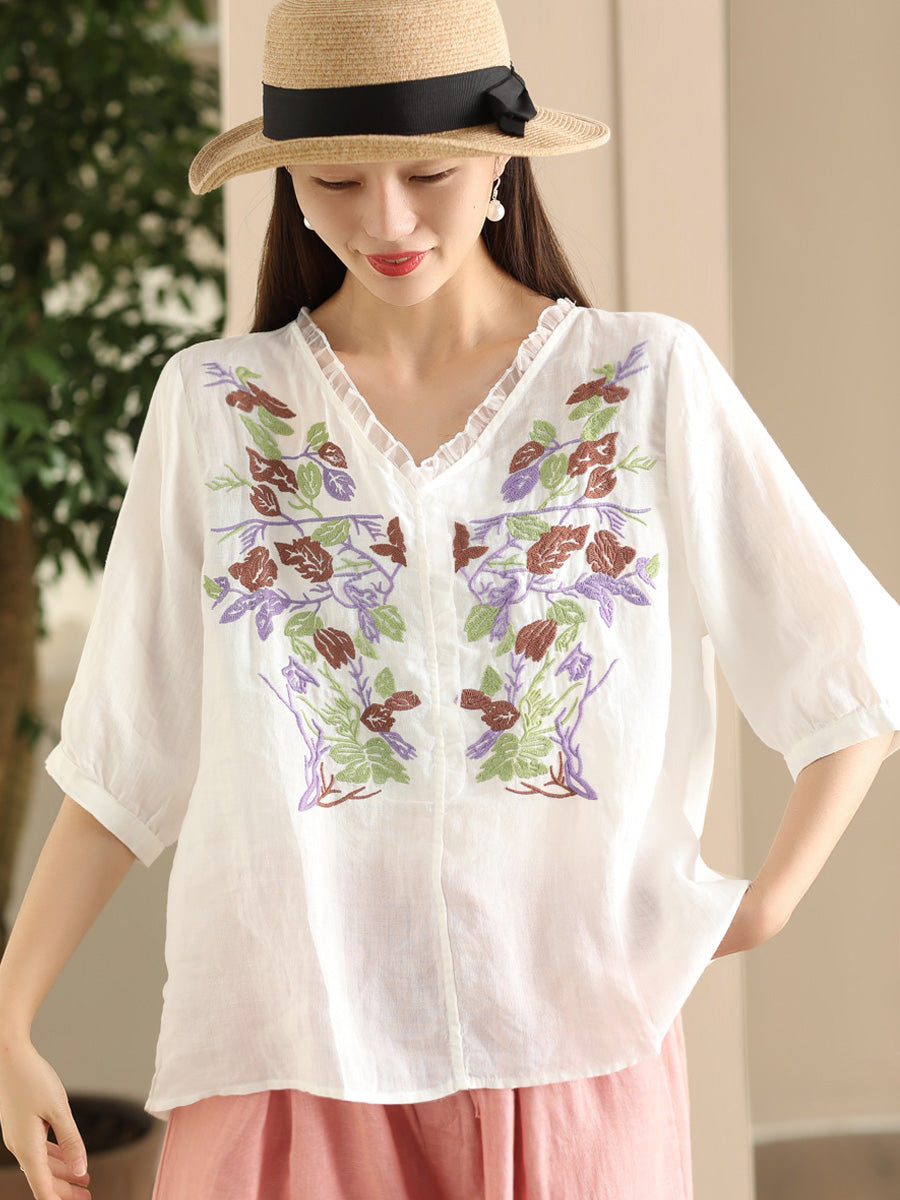 Women Summer Vintage Flower Embroidery Lace Ramie Shirt FD044 CTJY