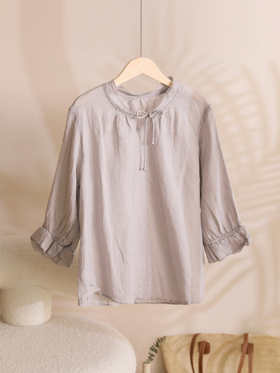 Women Summer Solid Ruffle-Sleeve Ramie Thin Shirt WE1026 Ada Fashion