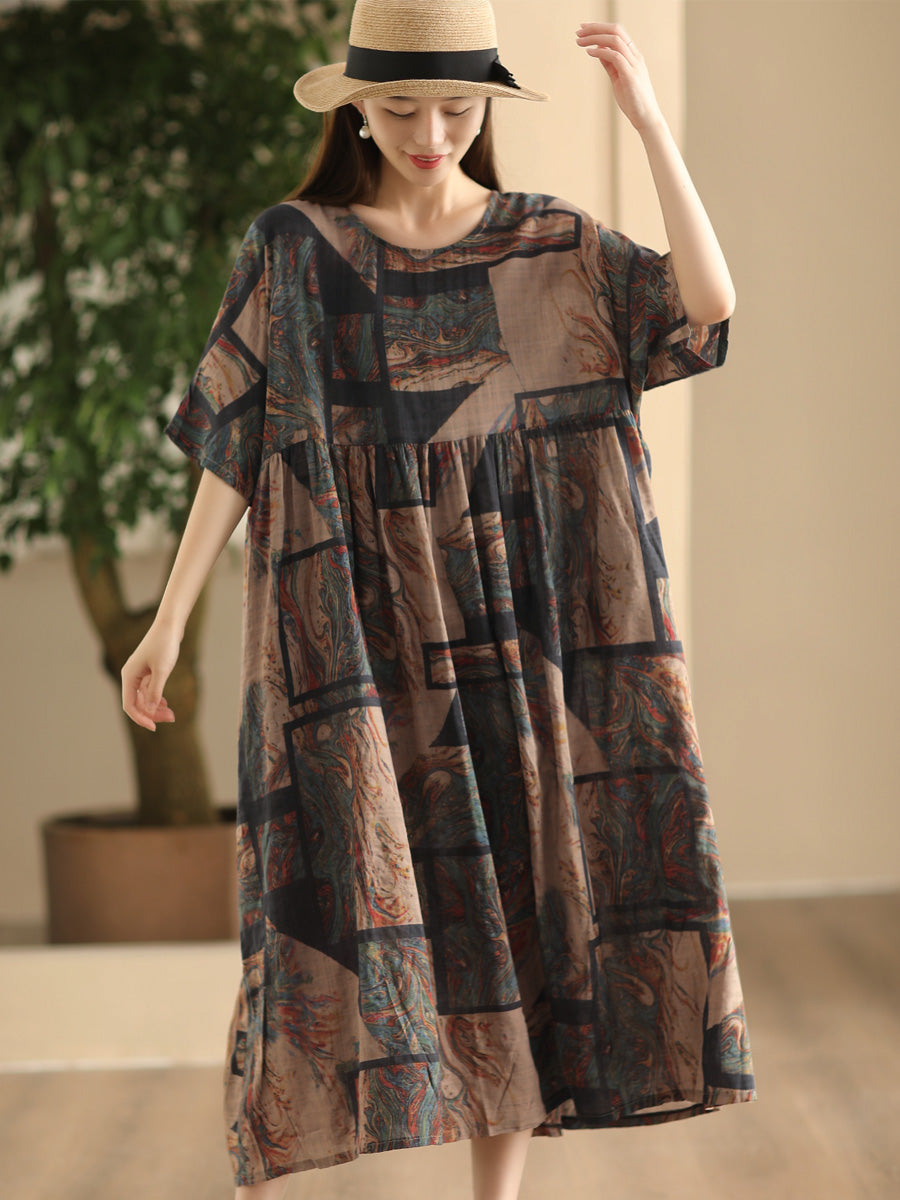 Women Summer Vintage Flower Linen Loose Dress FD043 QJH