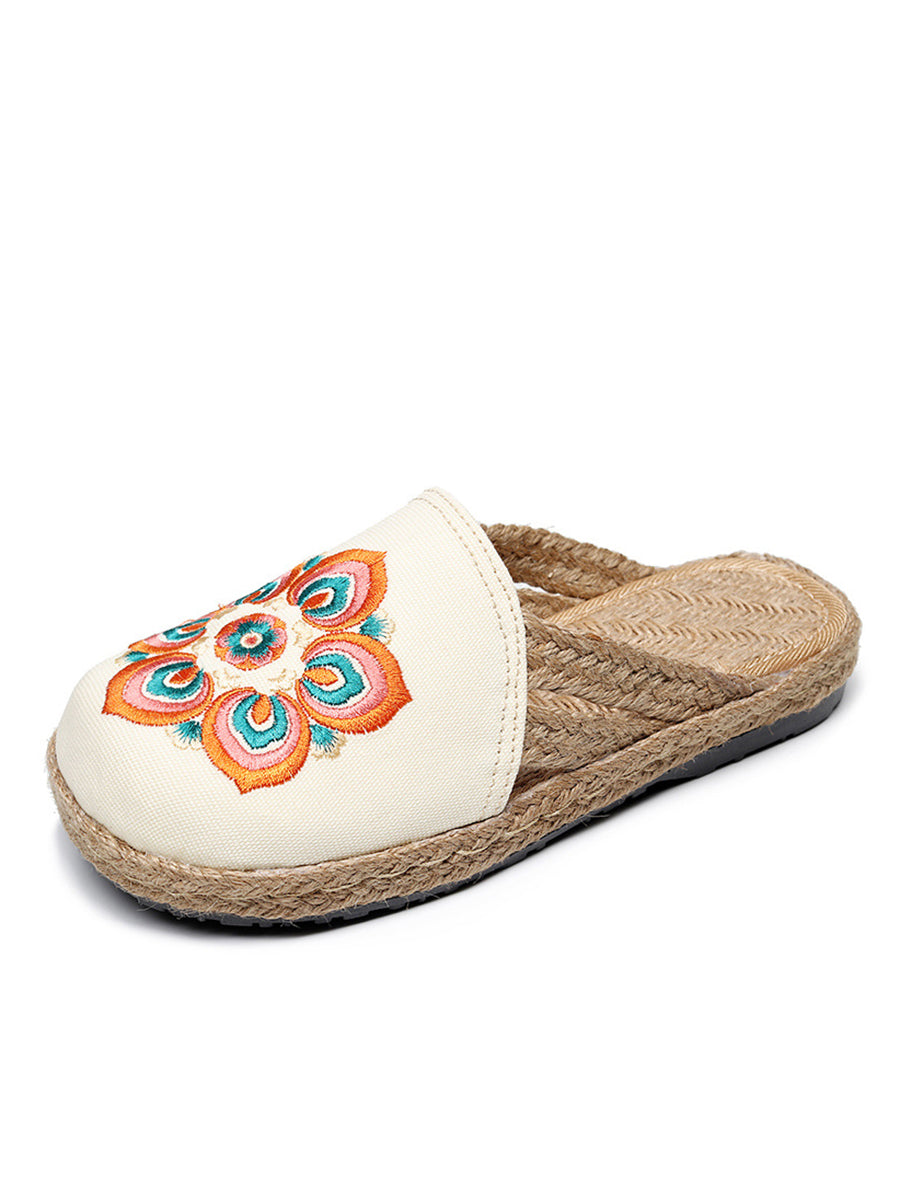 Women Summer Ethnic Flower Embroidert Straw Slippers II1017 TCXY