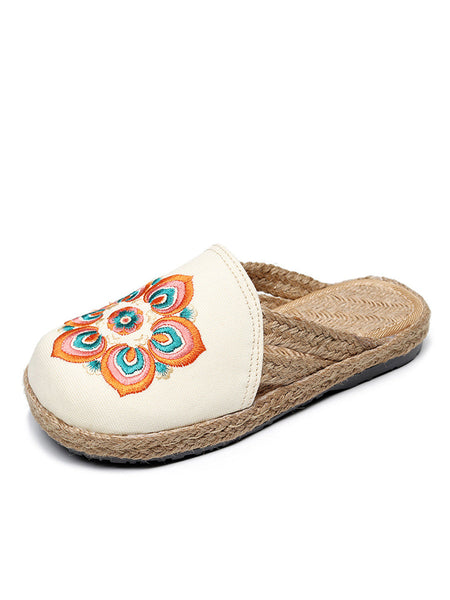 Women Summer Ethnic Flower Embroidert Straw Slippers II1017 TCXY